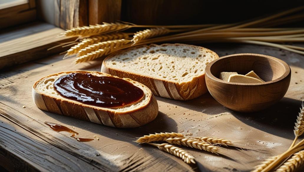 Jar of Vegemite beside brewer’s yeast and wheat stalks on wood.