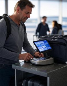 traveler using a digital luggage scale