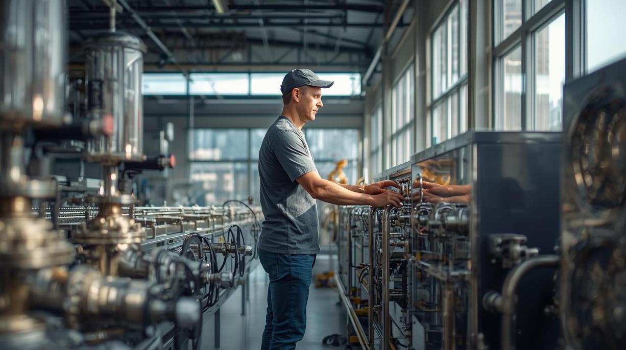 Engineer inspects efficient pneumatic machinery inside bright environmentally conscious automated manufacturing facility.