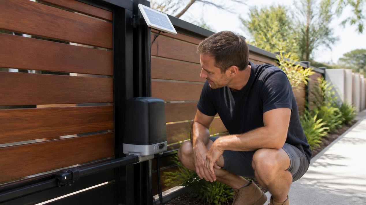 A homeowner checks a solar-powered gate motor on a new boundary fence.